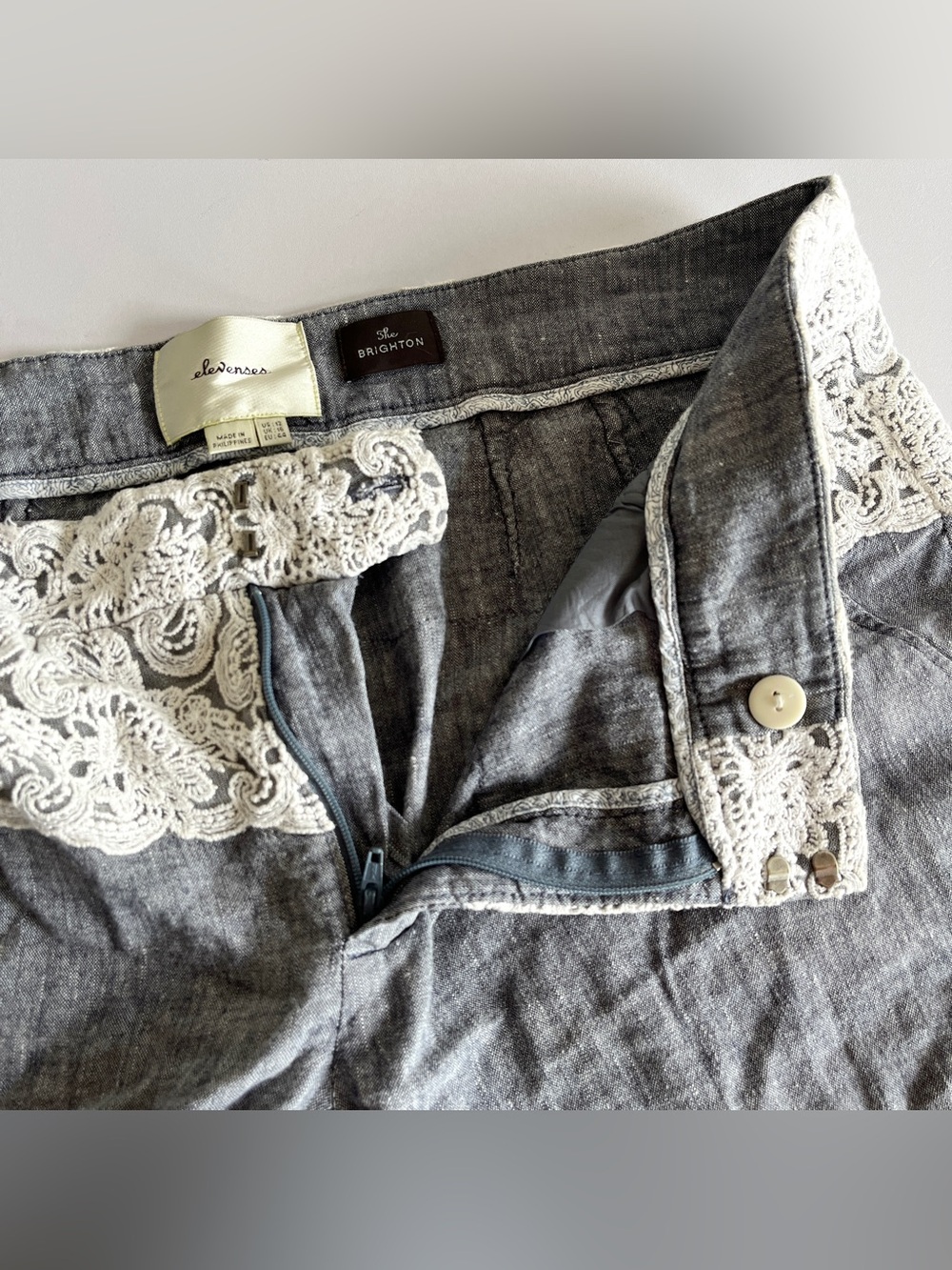Anthropologie Elevenses Brighton pants 12 trouser linen cotton blue lace wide - Picture 5 of 9